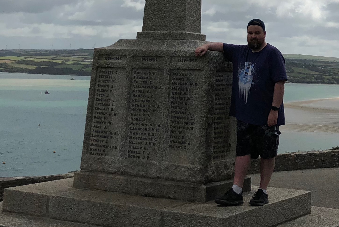 The St Saviour's Point war memorial, bearing the names of local men who died during World War I. My cap probably shouldn't be on, backwards or forwards