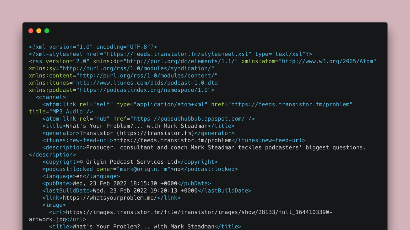 A screenshot of a desktop window showing code from an RSS feed