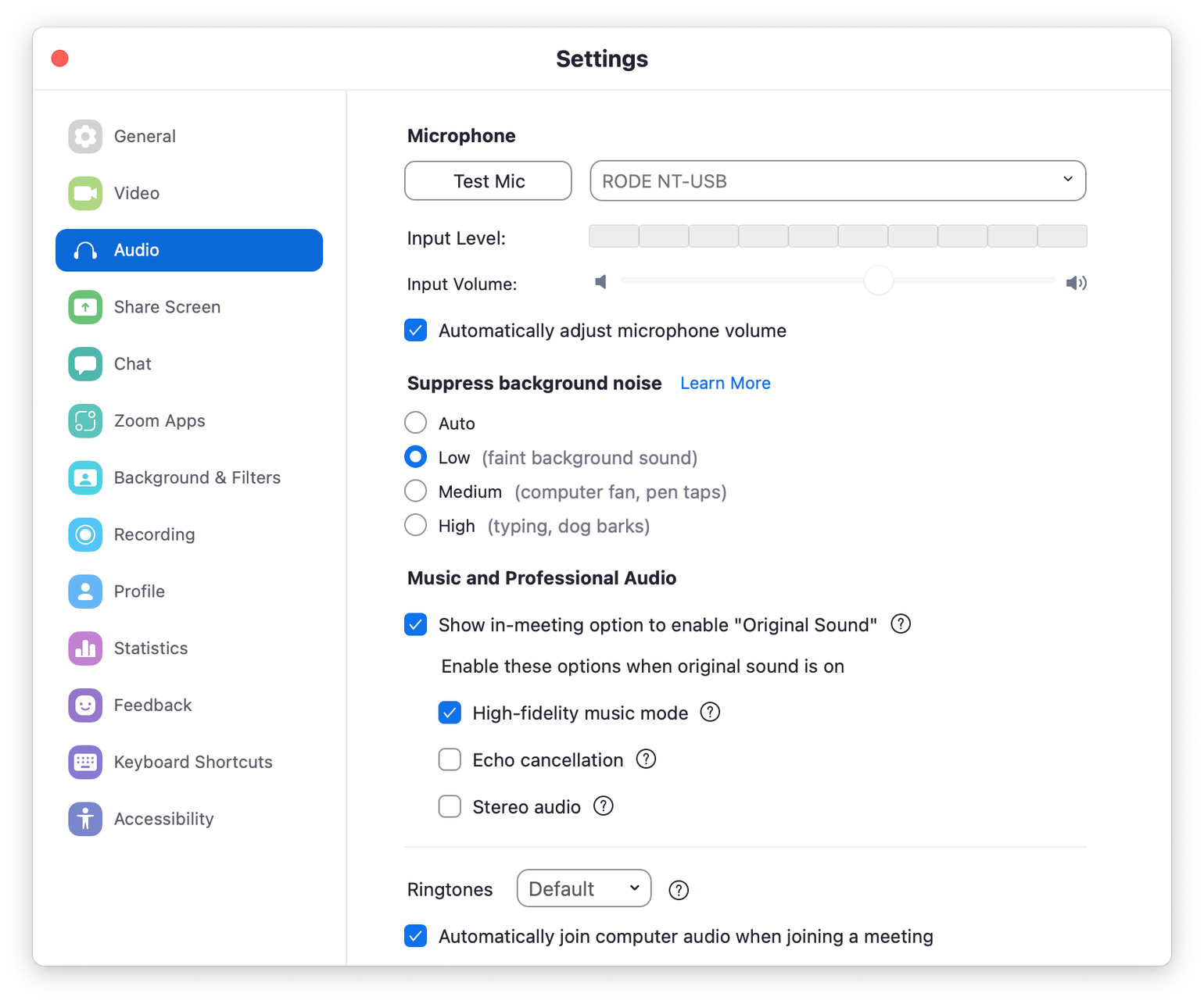 Zoom preferences window showing the Audio tab and the microphone, background noise, and professional audio settings