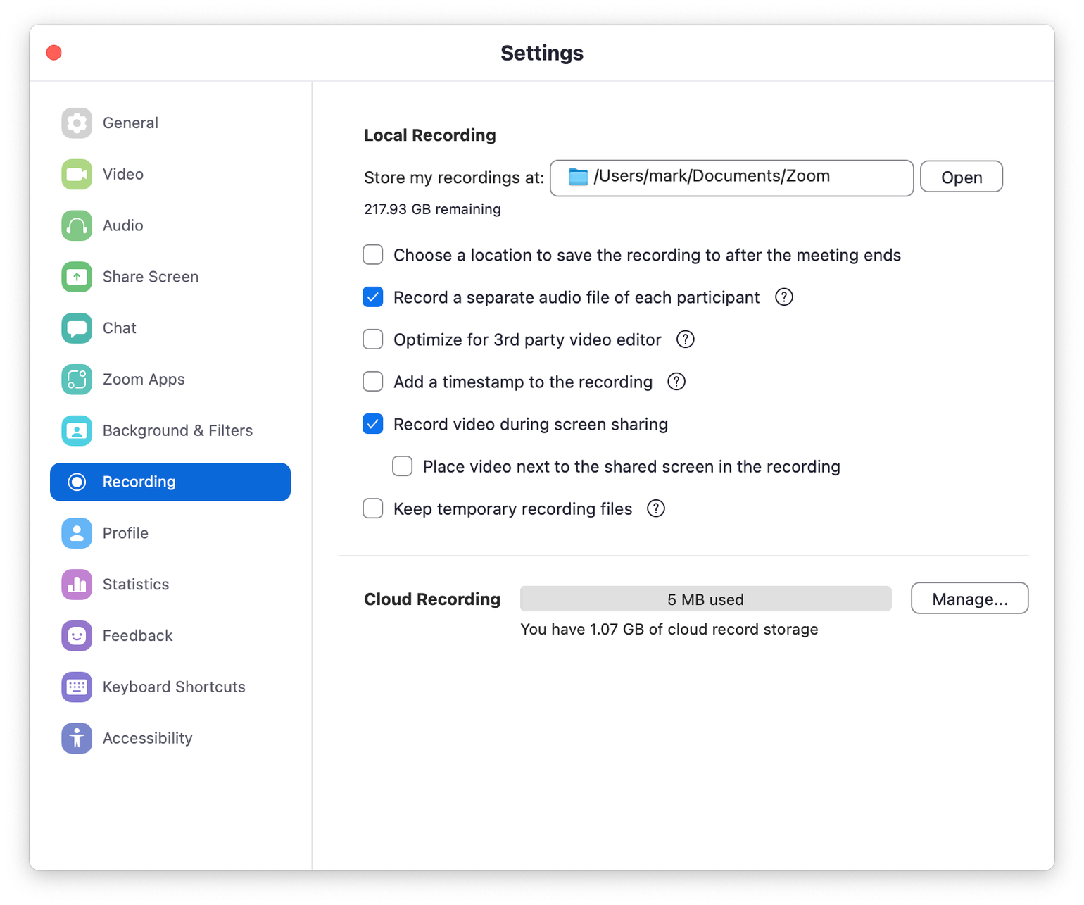 Zoom preferences window showing the Recording tab and the "Record a separate audio file for each participant" setting ticked