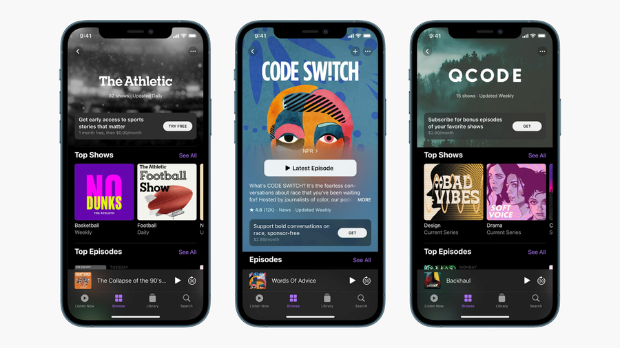 Screenshot showing examples of Apple Podcasts channels