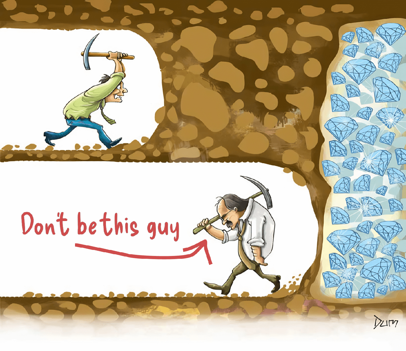 Cross section of a mine, the top level of which shows a man making his way through solid rock, the bottom panel showing a man walking away after having almost cleared the way entirely